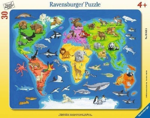 Puzzle 30 Mapa Świata zwierząt, Ravensburger
