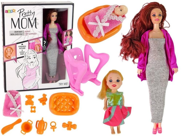 Lalka w ciąży długie włosy, akcesoria, Leantoys