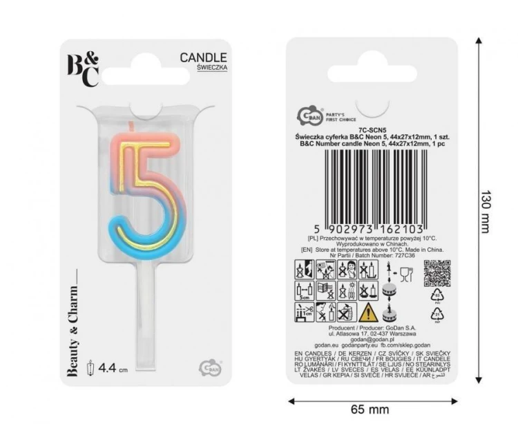 Świeczka B&C cyferka 5 neon