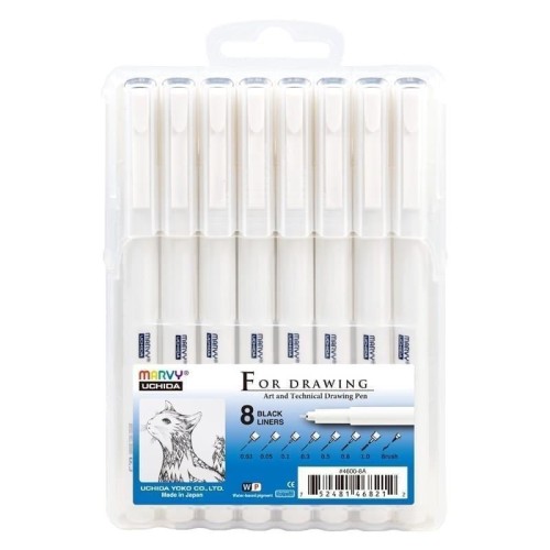 Cienkopisy graficzne czarne 8 grubości, Marvy