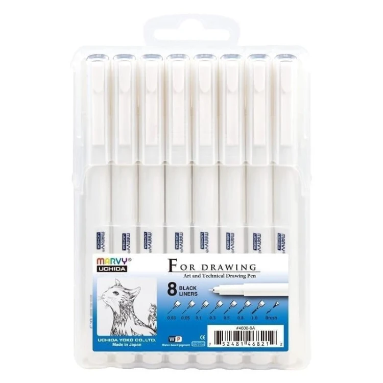 Cienkopisy graficzne czarne 8 grubości, Marvy