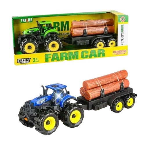 Traktor rolniczy z przyczepą z drewnem, Maksik