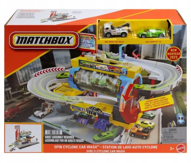 Matchbox Myjnia Turbo Cyklon z 2 autkami, Mattel