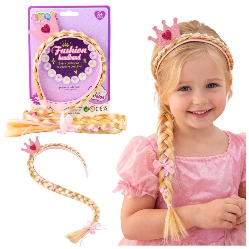 Opaska z długim warkoczem róż wstążka korona 50cm