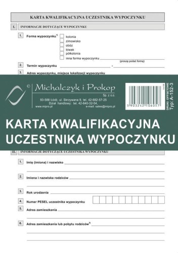 Karta kwalifikacyjna uczestnika wypoczynku A-152-3