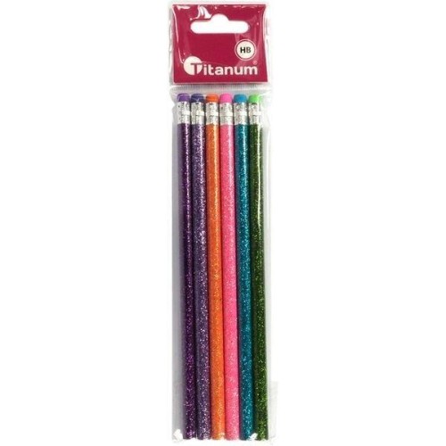 Ołówki brokatowe z gumką HB 6 sztuk, Titanum