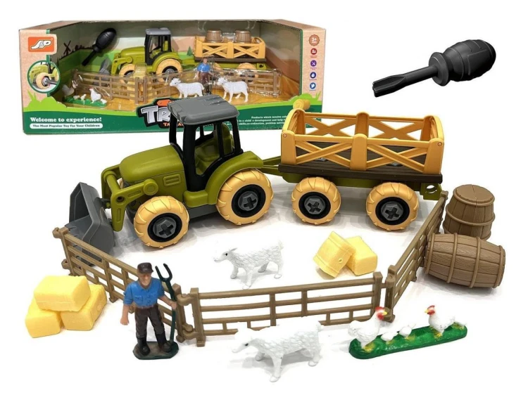 Traktor do skręcania z przyczepą i akcesoriami