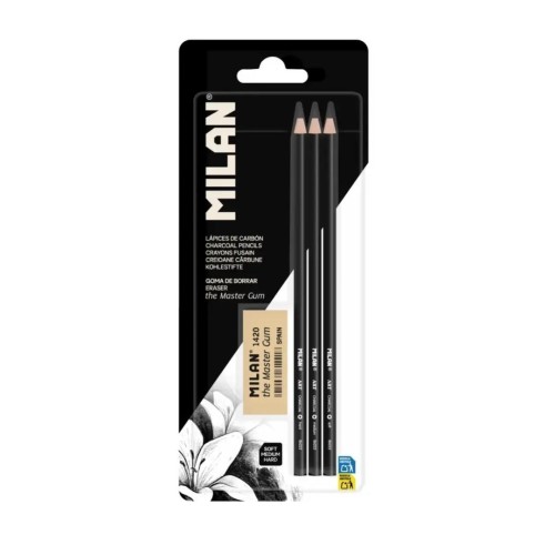 Zestaw 3 ołówków węglowych + gumka, MILAN