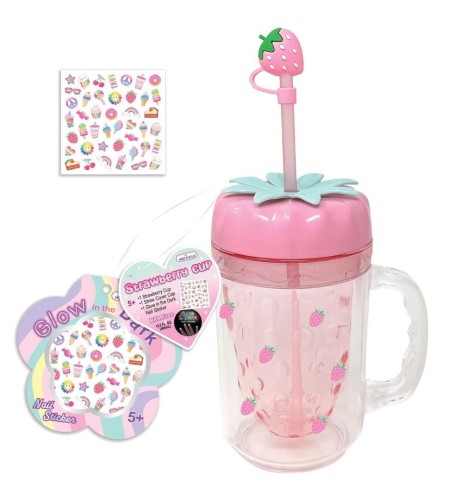 Kubek ze słomką i naklejkami truskawka, Hot Focus