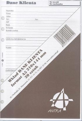 Wkład do organizera A5 Dane klienta ANTRA, Antra