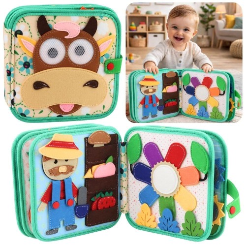 Książeczka edukacyjna sensoryczna krowa, Leantoys