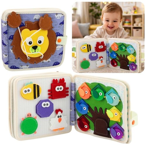 Książeczka edukacyjna sensoryczna lew, Leantoys