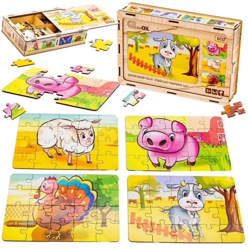 Puzzle drewniane 4w1 zwierzęta domowe, PuzzleOK