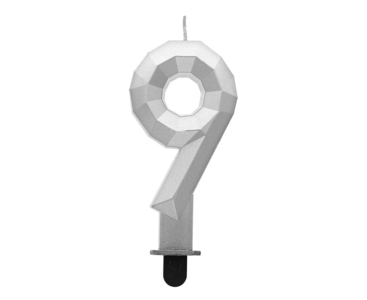 Świeczka cyferka 9 - Diament metalik srebrny 7,6cm