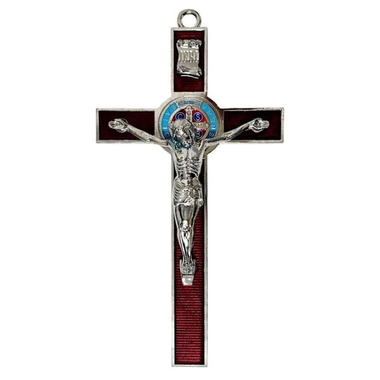 Krzyż czerwony metalowy Benedykta 30cm