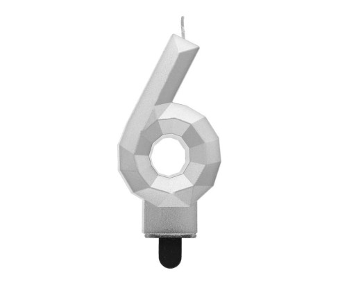 Świeczka cyferka 6 - Diament metalik srebrny 7,6cm