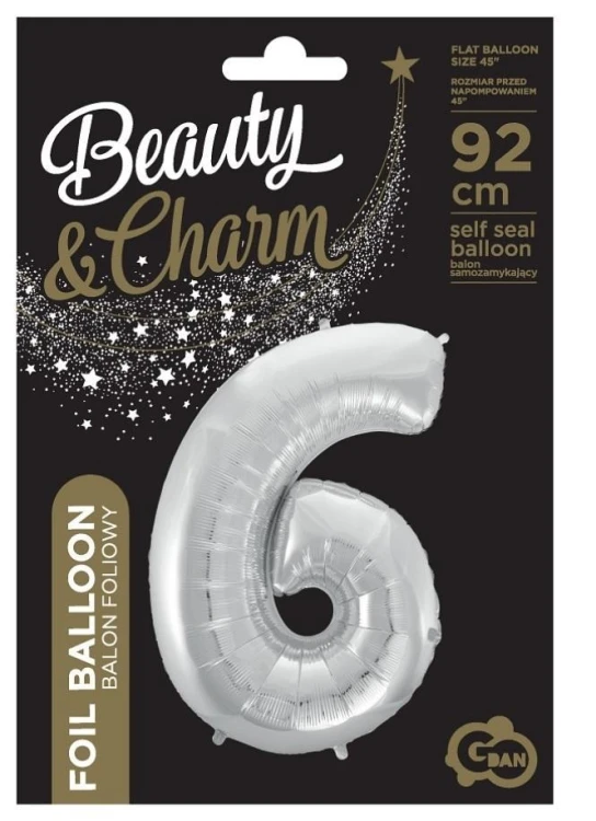 Balon foliowy cyfra 6 Beauty&Charm srebrna 92cm