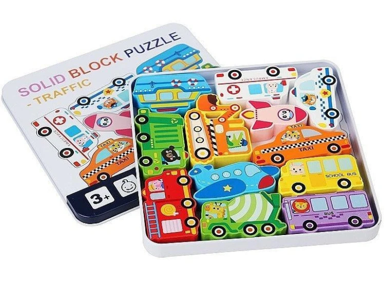 Puzzle drewniane pojazdy w metalowym pudełku, ADAR