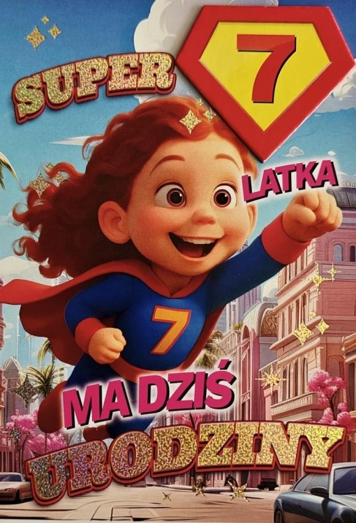 Karnet Urodziny 7 dziewczynka - Superbohaterka