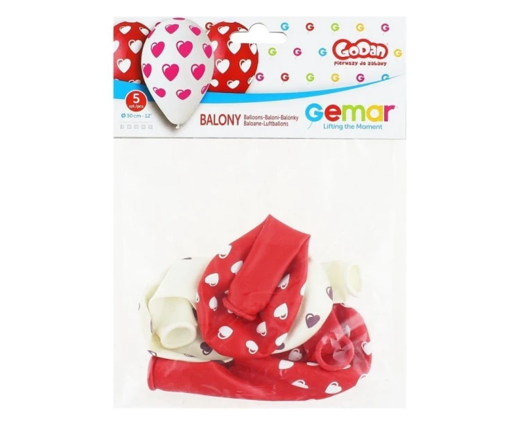 Balony Gemar serduszka czerwone/ białe 30cm 5szt