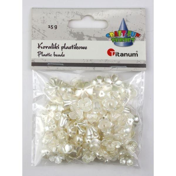 Koraliki plastikowe kwiatki białe perłowe 15g