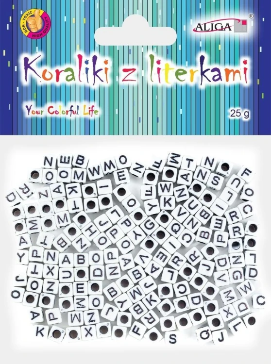 Koraliki plastikowe z literkami 6x6mm 25g, Aliga