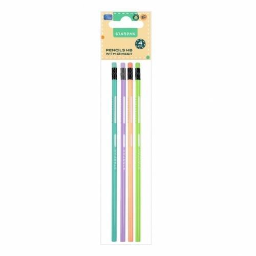 Ołówek z gumką HB trójkątny pastel 4szt, STARPAK