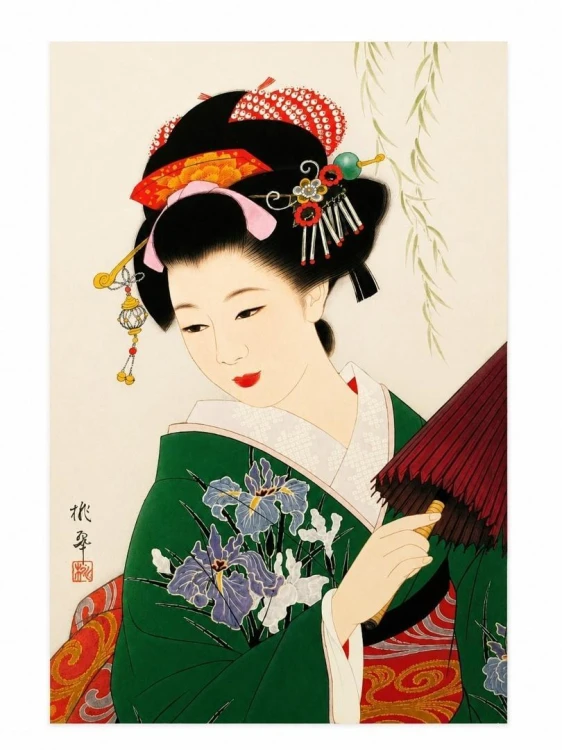 Karnet F23-06 Portret kobiety Zielone kimono