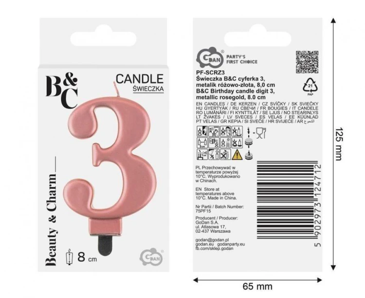 Świeczka B&C cyferka 3 metalik różowo-złota 8cm