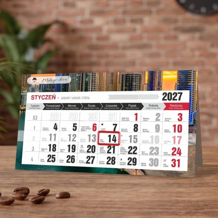 Kalendarz 2027 biurkowy poprzeczny miesięczny city