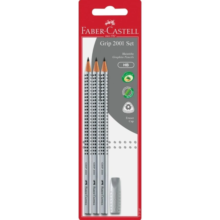 Ołówek HB Grip 2001 3szt + gumka FABER CASTELL