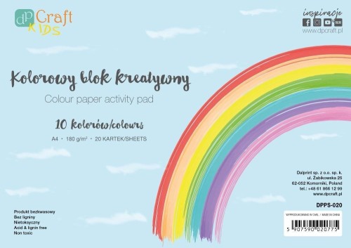 Blok kolorowy A4 20ark 180g 10 kolorów, Dalprint