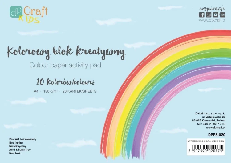 Blok kolorowy A4 20ark 180g 10 kolorów, Dalprint