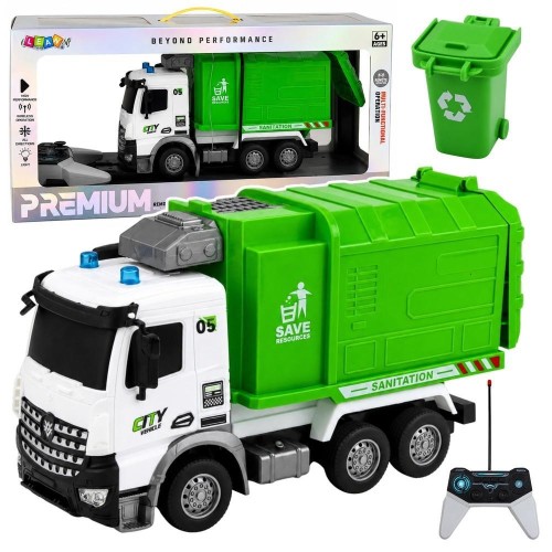 Śmieciarka R/C z kontenerem światła 1:14, Leantoys