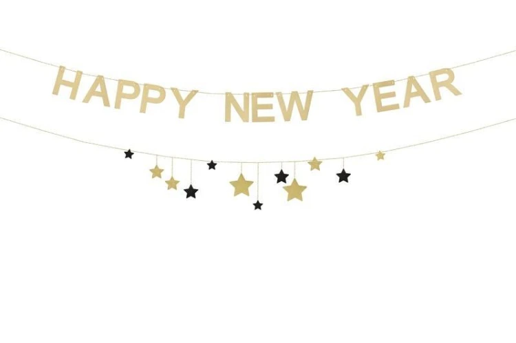 Baner Happy New Year z gwiazdkami złoty 300cm