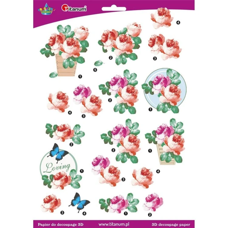 Papier do decoupage 3D kwiaty róże arkusz, Titanum