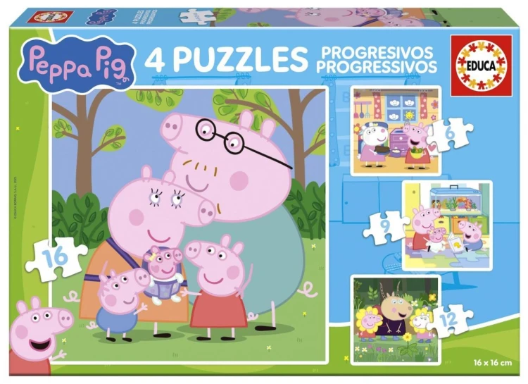 Puzzle 6 + 9 + 12 + 16 Świnka Peppa, Educa