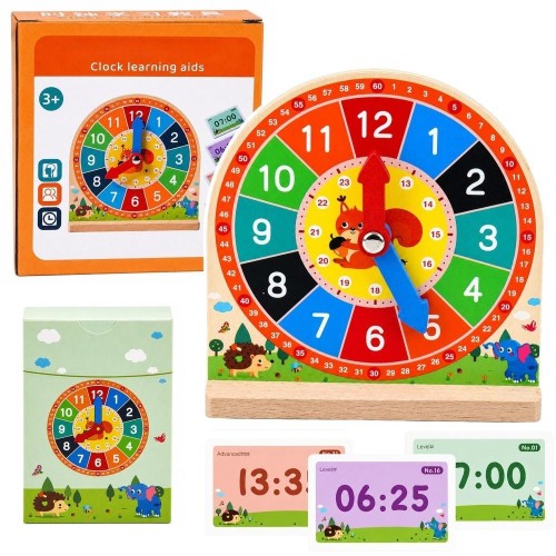 Zegar edukacyjny drewniany + 55 kart, Leantoys