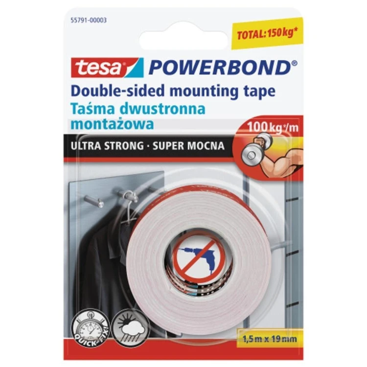 Taśma dwustronna PowerBond biała 1,5m x 19m, Tesa