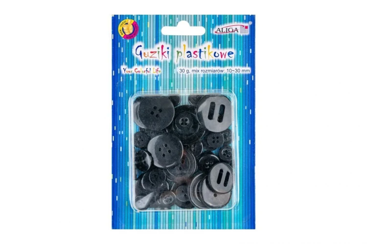 Guziki plastikowe czarne 10-30mm 30g, Aliga