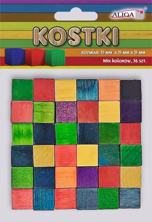 Kostki drewniane kolorowe 15x15x15mm 36szt, Aliga