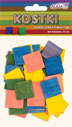 Kostki drewniane kolorowe 25x25x1,3mm 50szt, Aliga
