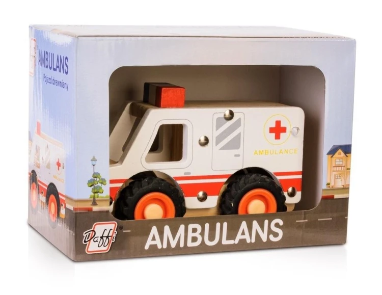 Drewniane auto z oponami - ambulans, Daffi