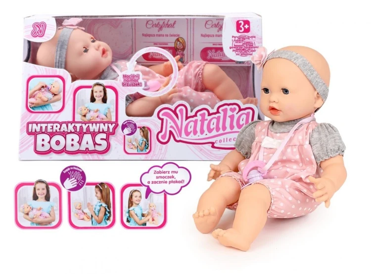 Lalka Natalia bobas mimiczny ze smoczkiem 41cm