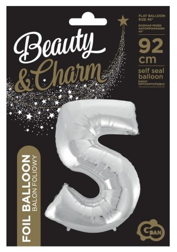 Balon foliowy cyfra 5 Beauty&Charm srebrna 92cm