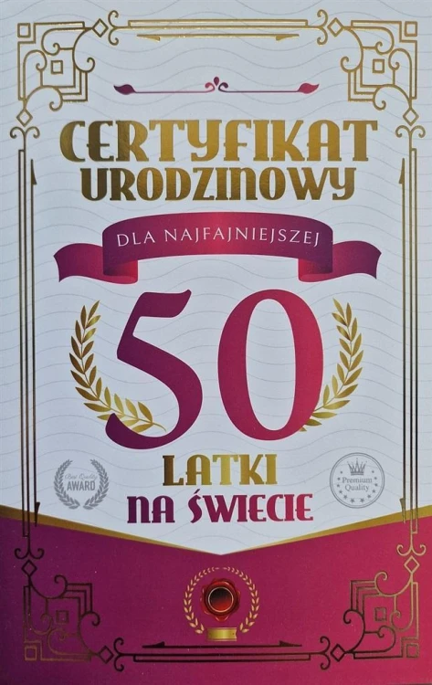 Karnet Certyfikat Urodzinowy 50 urodziny damskie