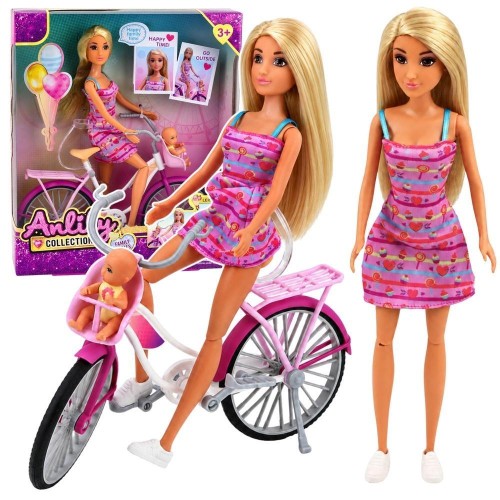 Lalka Anlily z rowerem i dzieckiem, Leantoys