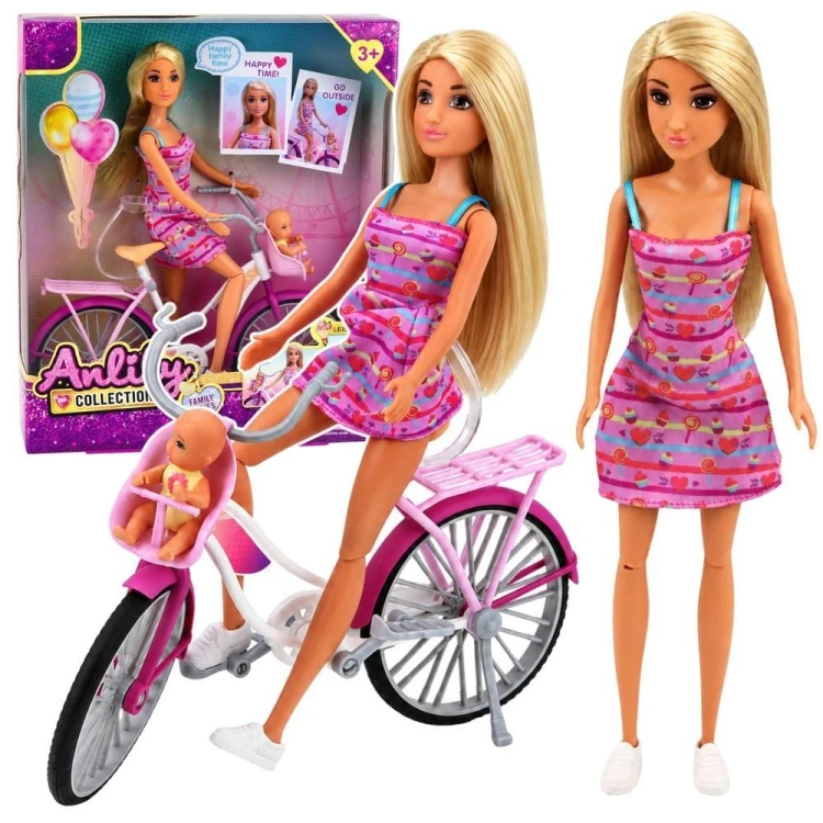 Lalka Anlily z rowerem i dzieckiem, Leantoys