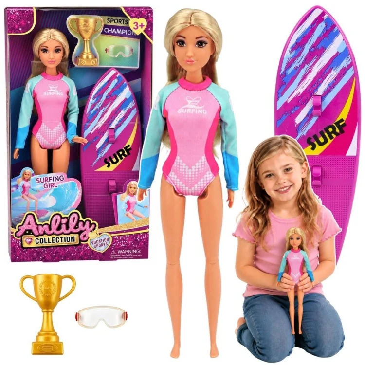 Lalka Anlily Surferka w kombinezonie z deską