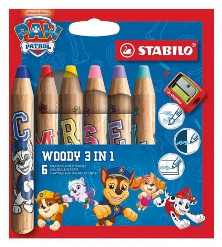 Kredki Woody Psi Patrol 6szt + temperówka STABILO